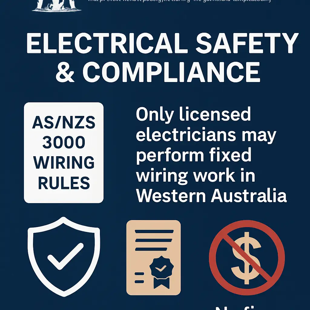 WA Government-themed graphic showing safety rules, licensing icons, and compliance benefits. | Power Point Installation Cost in Albany