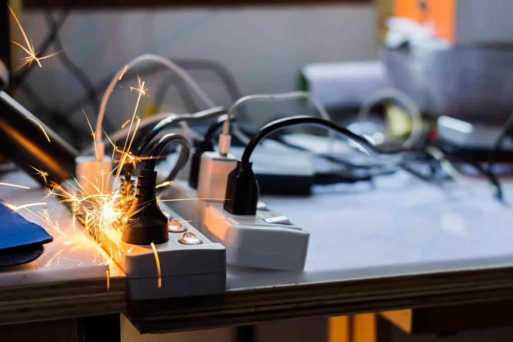 Overloaded power board compared to a safely wired board – electricity technician Albany safety guide.